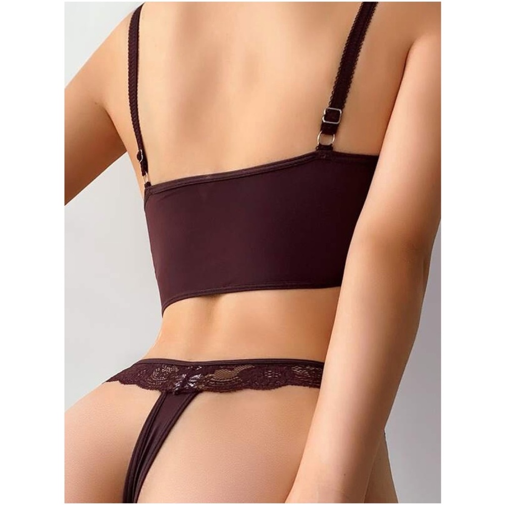 Burgundy Floral Lace Thong Lingerie Set Sexy Pajamas - Picture 11 of 11